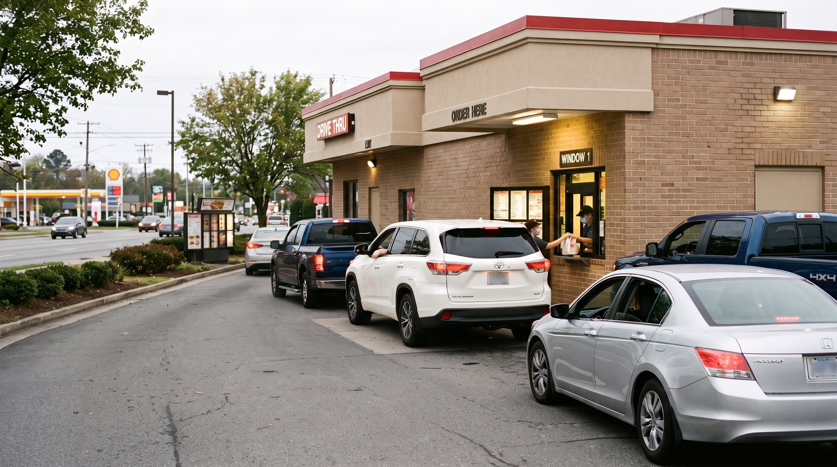 cars lined up at a drive-thru restaurant